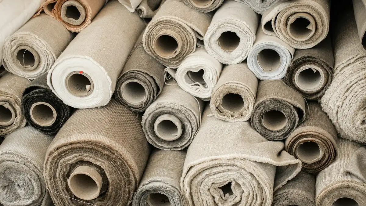 Rolls of undyed natural and grey fabric stacked on top of each other