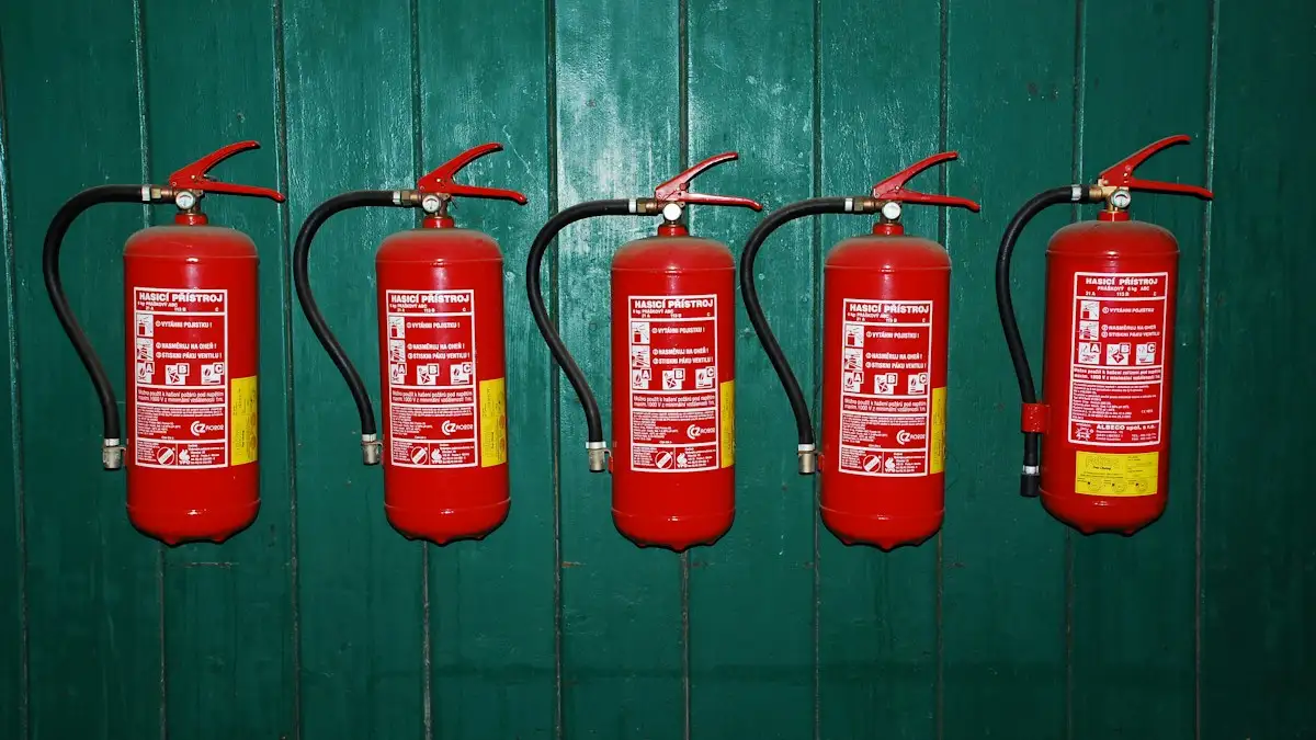 Five red fire extinguishers hanging in a row on a green wooden wall