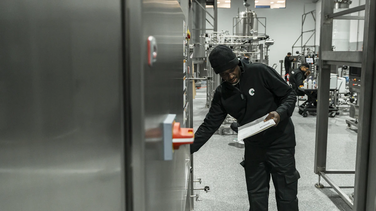 A technician holding papers inspects stainless-steel process equipment in a modern factory