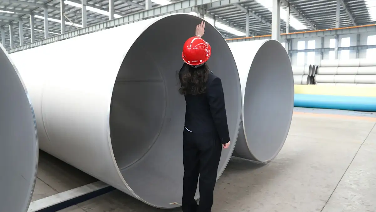 Worker in a red hard hat inspecting the inside of a very large steel pipe in a factory hall