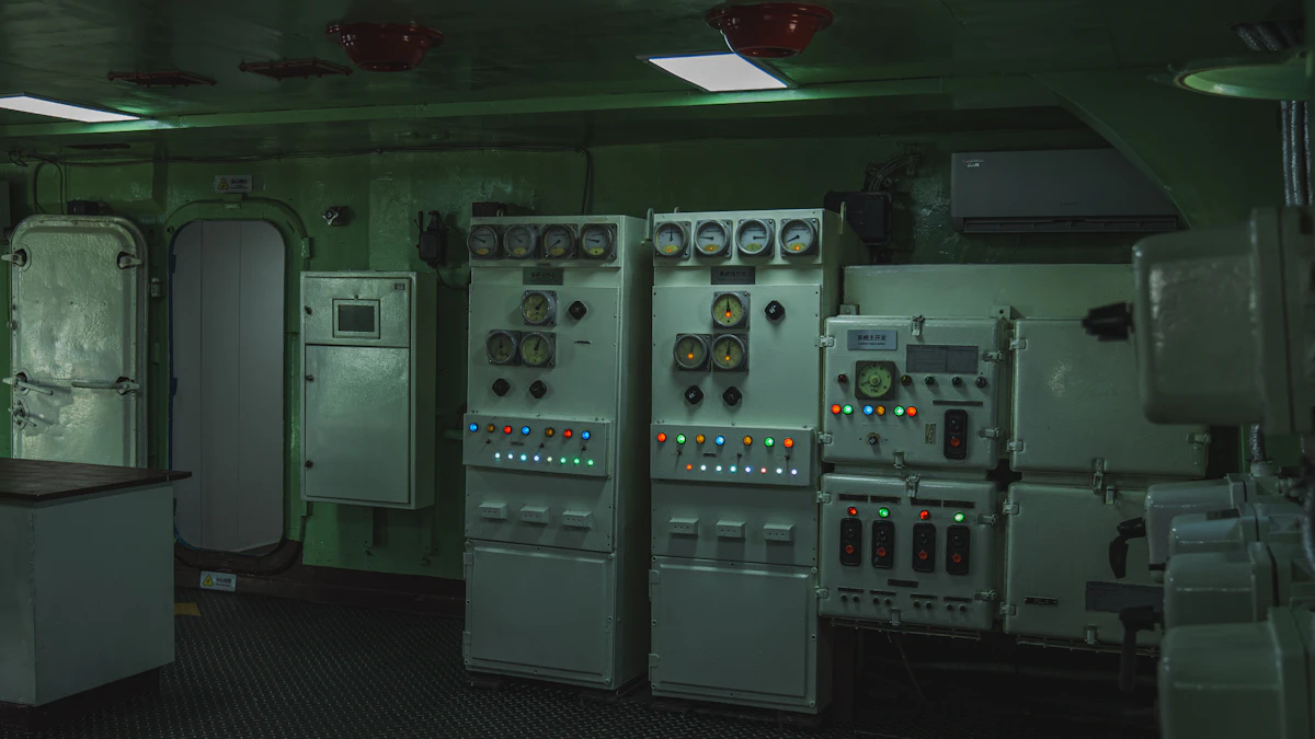 Industrial control room with grey electrical panels, gauges and indicator lights