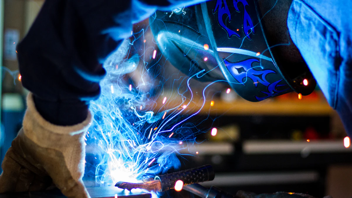 Welder in protective gear working on metal with sparks, a high-potential task