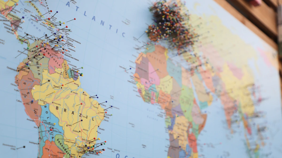 World map with pins marking locations
