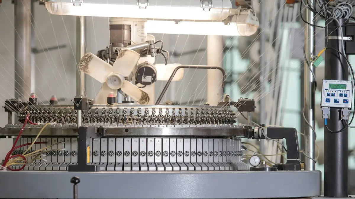 Circular knitting machine with white yarn running from the feeders under factory lights