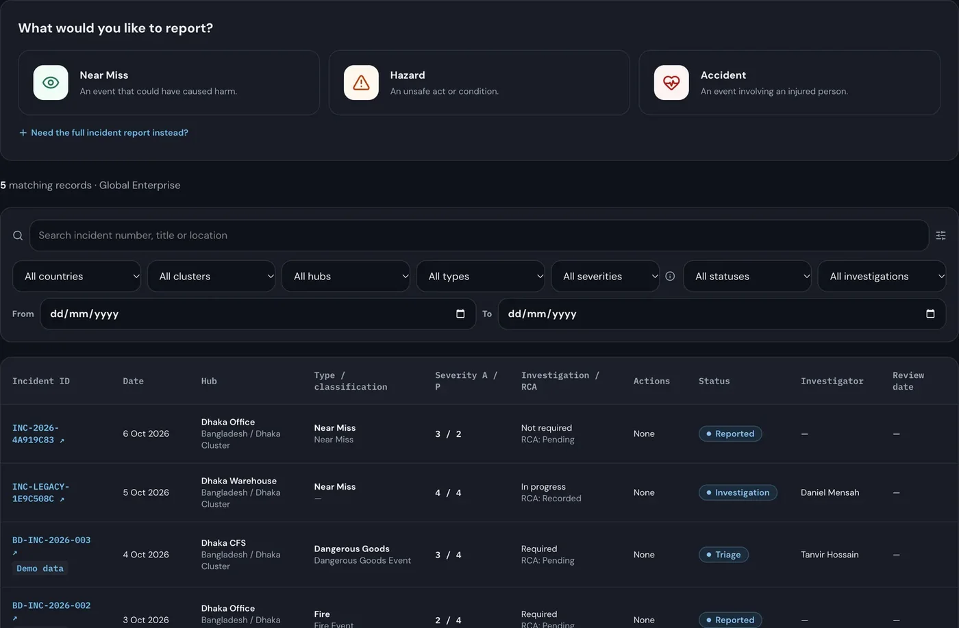 AccelSafety incident list in dark mode with filters and status chips